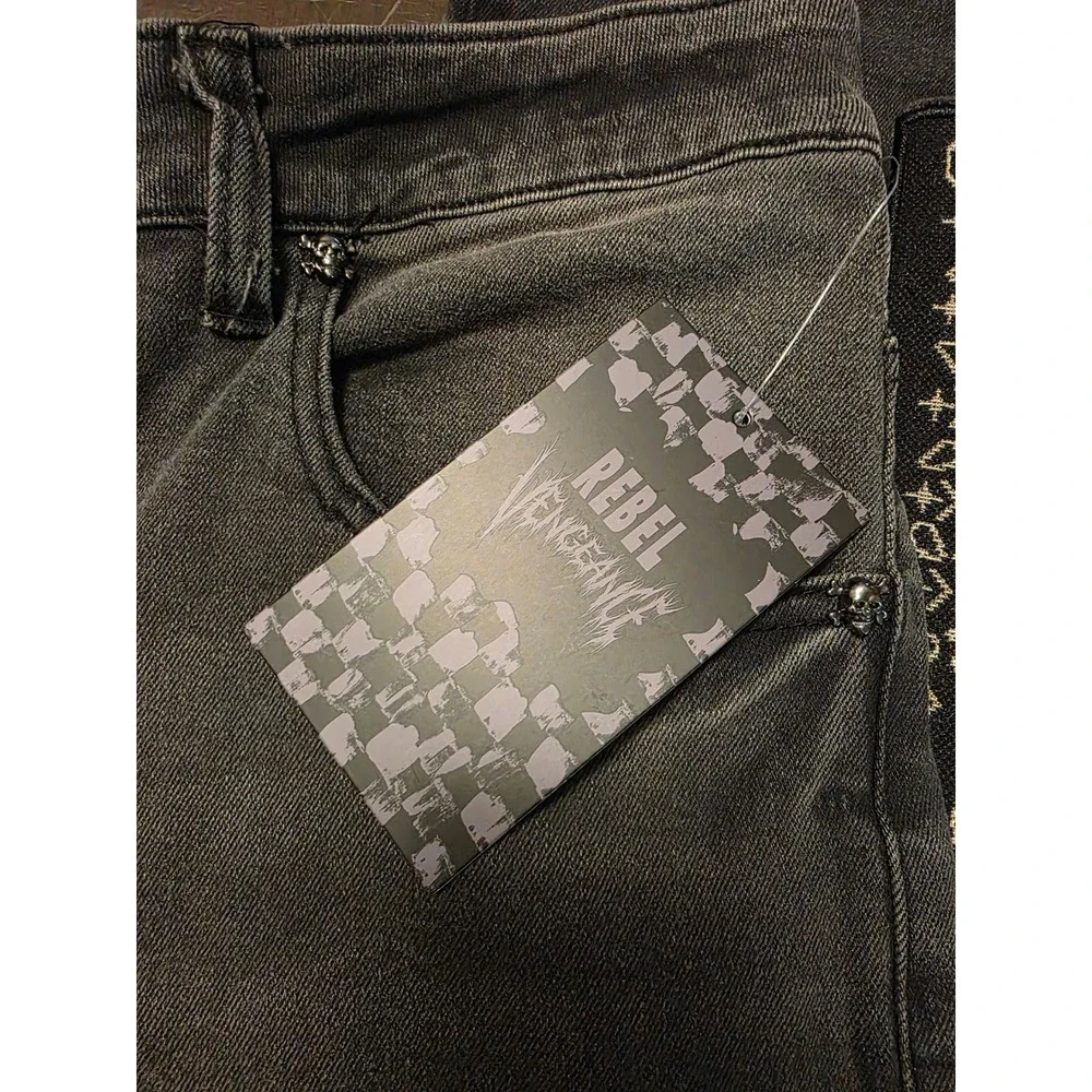 Rebel Vengeance Mens Faded Black Paisley Bandana Patchwork Skull Denim Jeans 28